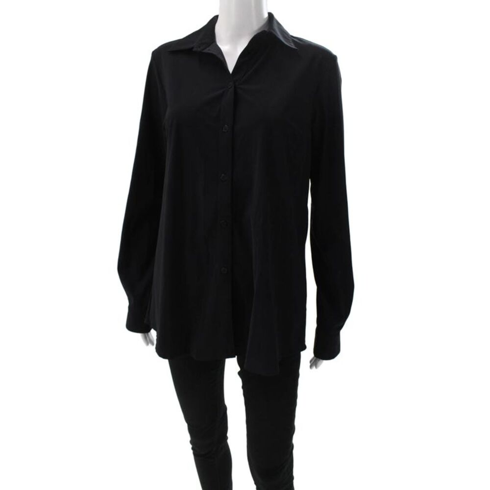 Ameliora Womens Tunic Collared Black Button-Up Long Sleeve Nylon Size M